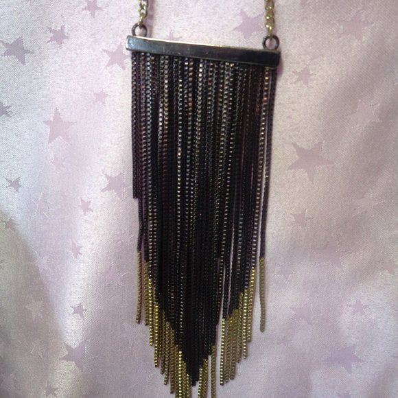 Long Chain Necklace Black Gold Tone Metal Chain Strands Flapper Style - Picture 5 of 5